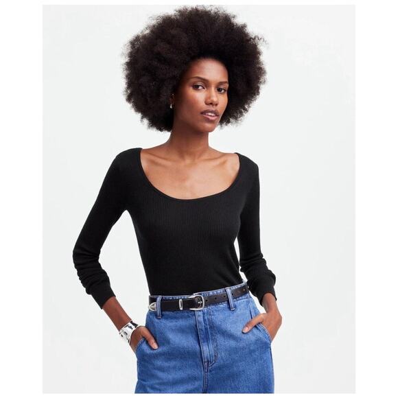Madewell Merino Wool-Silk Blend Scoopneck Sweater True Black XS NS654 Cozy - Picture 1 of 9
